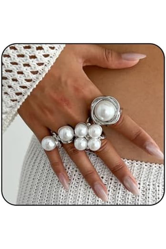 Chunky Gold Pearl Ring Set for Women Stackable Knuckle Rings Minimalist Statement Ring Set Adjustable Baroque Pearl Ring Sets Bridal Party Wedding Accessories