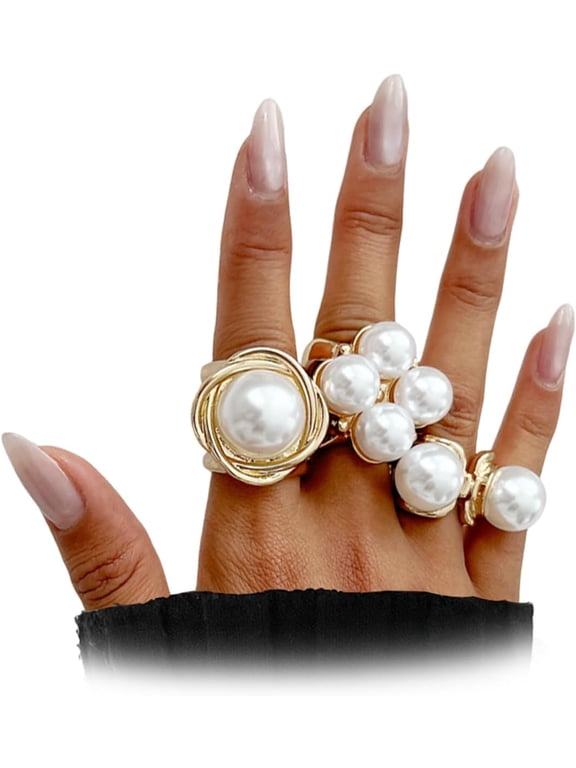 Chunky Gold Pearl Statement Ring Set Large Imitation Pearl Flower Ring for Women Vintage Bold Chic Accessories