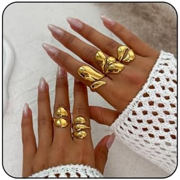 Chunky Gold Ring for Women Non Tarnish Gold Plated Geometry Open Stacking Rings Set Finger Midi Rings Pack Adjustable Hug Hoops Rings Set Statement Stacking Womens Ring Pack
