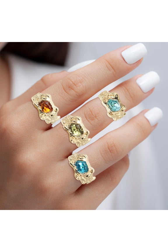 Chunky Gold Rings Set for Women Adjustable Crystal Stackable Ring Open Vintage Statement Jewelry, Golden Tone, 4 Pack