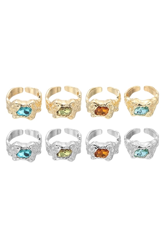 Chunky Gold Rings Set for Women Adjustable Crystal Stackable Ring Open Vintage Statement Jewelry, Silver / Golden Tone, 8 Pack