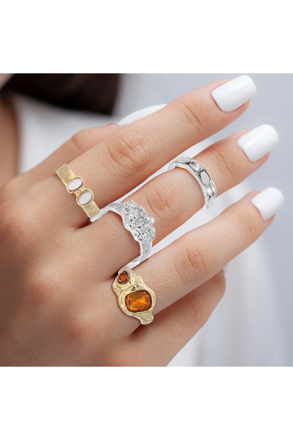 Chunky Gold Rings Set for Women Adjustable Gemstone Stackable Ring Open Vintage Statement Jewelry, 14 Pack, Golden Tone / Silver Tone