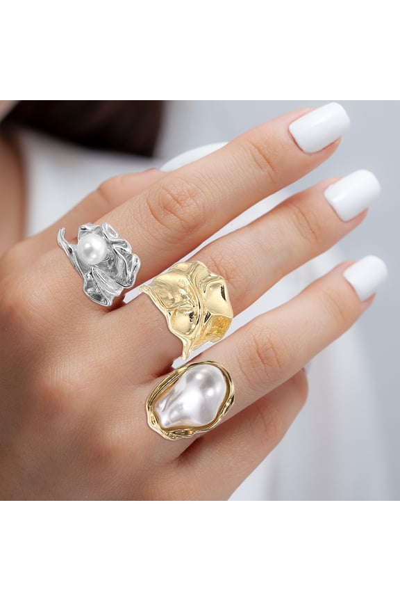 Chunky Gold Rings Set for Women Adjustable Pearl Stackable Ring Open Vintage Statement Jewelry, Golden Tone, Silver Tone, 6 Pack