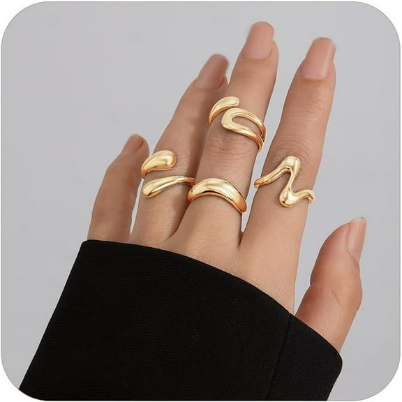 Chunky Gold Rings for Women, Adjustable Round Dome Ring Set Open Bold Thick Rings Minimalist Solid Ring Band Stackable Statement Jewelry