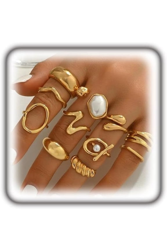 Chunky Gold Rings for Women,Gold Pearl Stackable Knuckle Rings Set,Trendy Y2k Party Prom Rings Pack Vintage Jewelry Accessories