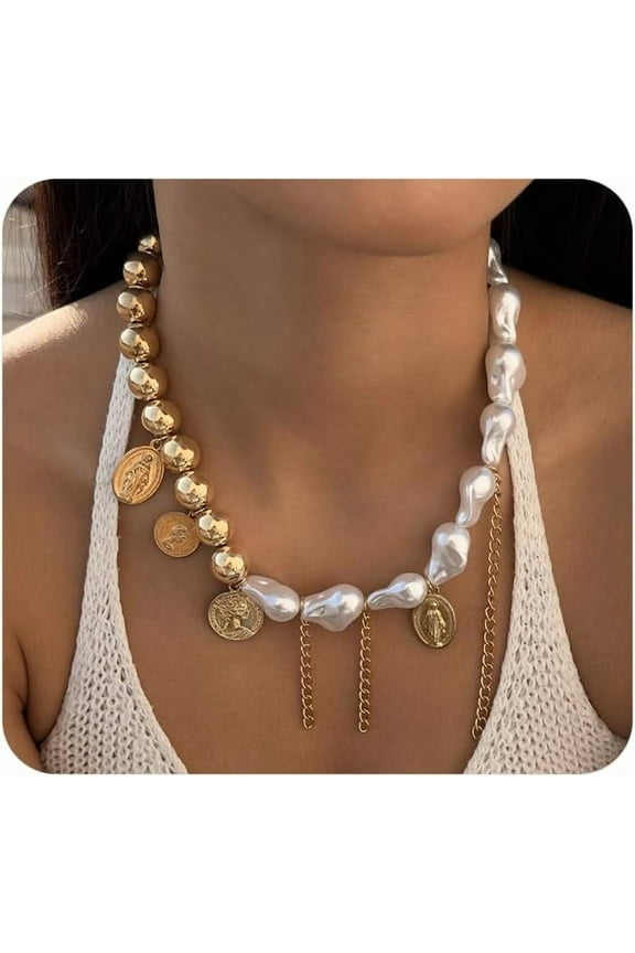Chunky Gold Round Bead Choker Necklace for Women Irregular Baroque Pearl Exaggerated Collar Necklace Dainty Fake Pearl Jewelry[s335]