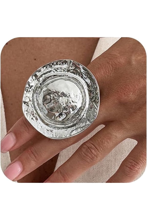 Chunky Gold/Silver Pleated Round Hat Ring for Women, Unique Exaggerated Large Geometric Index Finger Rings Simple Party Prom Jewelry Gift Accessories