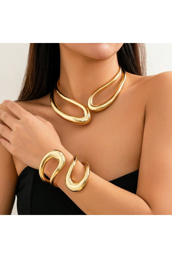 Chunky Gold / Sliver Necklace Statement Choker Collar Necklace Bracelet Set for Women
