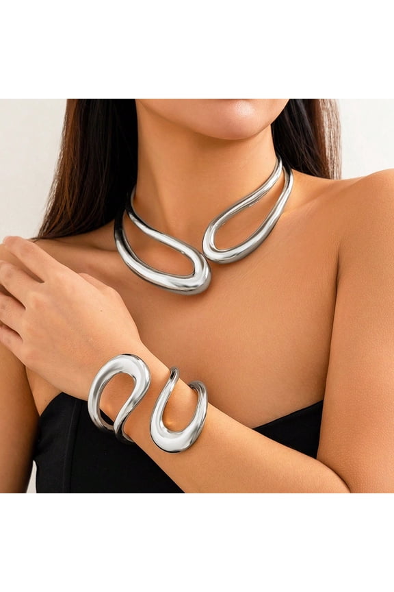 Chunky Gold / Sliver Necklace Statement Choker Collar Necklace Bracelet Set for Women