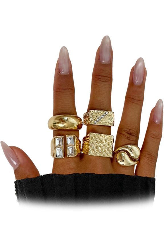 Chunky Gold Stackable Rings for Women,Vintage Harmmered Crystal Thick Large Rings Set Cocktail Party Prom Jewelry Accessories