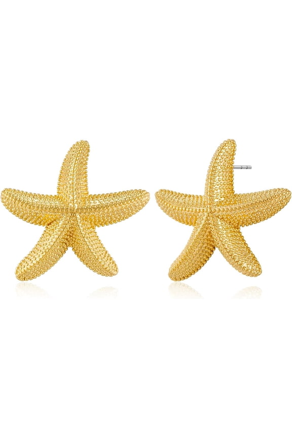Chunky Gold Stud Earrings - Seashell Starfish Vintage Boho Ocean Sea Scallop Shell Statement Earrings