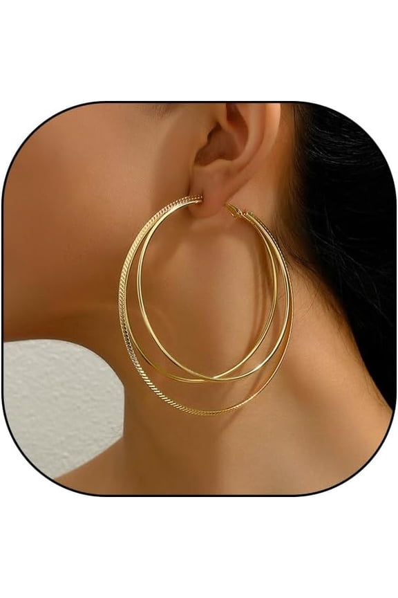 Chunky Gold Three Layered Hoop Earrings, Minimalist Plain Circle Exaggerated Dangling Earrings, Punk Hip Hop Statement Jewelry Gift