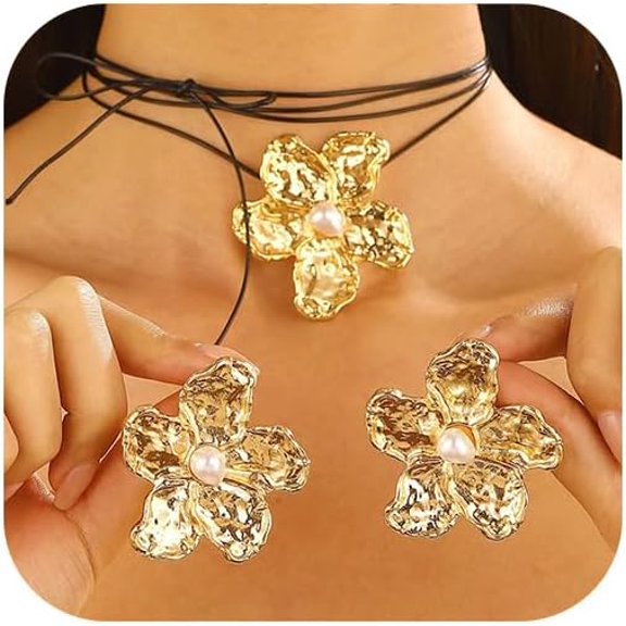 Chunky Gold Top Considerable Irregular Jewelry Set for Women Vintage Matte Geometric Pearl Floral String Necklace Earrings Sets Trendy Layered Statement Jewelry[p465]