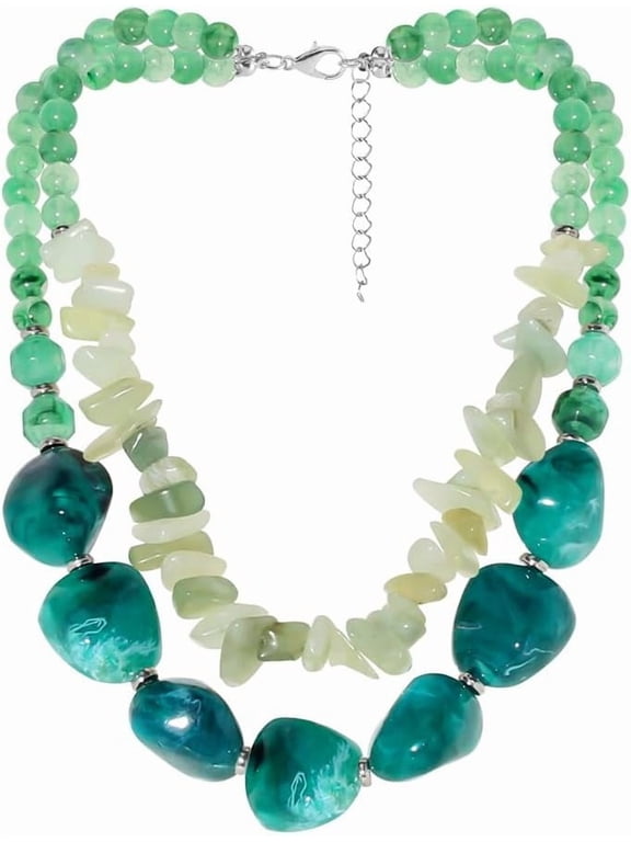 Chunky Green Beaded Layered Strand Necklace Bib Collar for Women - Statement Acrylic Bead Adjustable Chain Link Necklaces Boho Costume Accessories Jewelry for Her