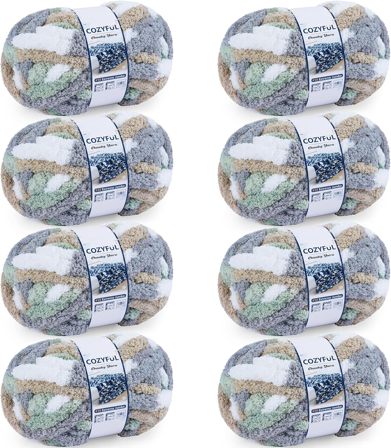 Chunky Yarn for Hand Knitting - #10 Chunky Chenille Blanket Yarn, Jumbo Big Thick Chunky Yarns for Crocheting, Tie Dye Bulky Knit Yarns, 8 Skein (25 yds 8 oz Each Skein), Cream&Sage&Grey&Khaki