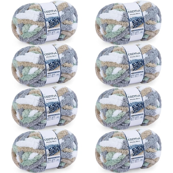 Chunky Yarn for Hand Knitting - #10 Chenille Blanket Yarn, Jumbo Big Thick Yarns Crocheting, Tie Dye Bulky Knit Yarns, 8 Skein (25 yds oz Each Skein), Cream&Sage&Grey&Khaki