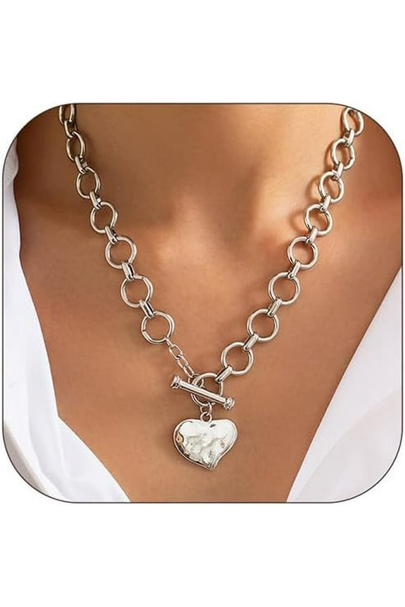 Chunky Heart Necklace for Women Non Tarnish Silver Beaded Necklace Dainty Layered Choker Trendy Toggle Necklace Titanium Stainless Steel Chain