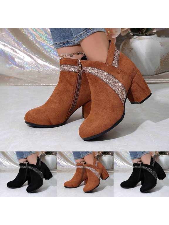 Chunky Heel Ankle Boots for Women Faux Suede Glitter Sequins Round Toe Dressy Shoes with Side Zipper