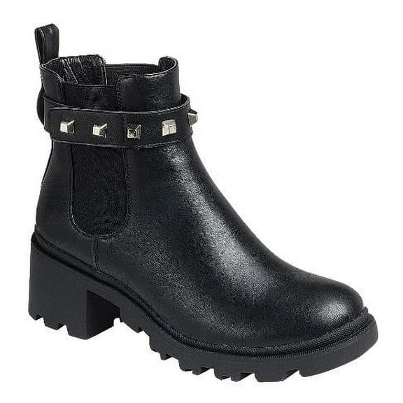 Chunky Heel Lug Sole Double Pocket Moto Chic Platform Combat Boot Amulet Lace Up Bootie (8, Black-02)