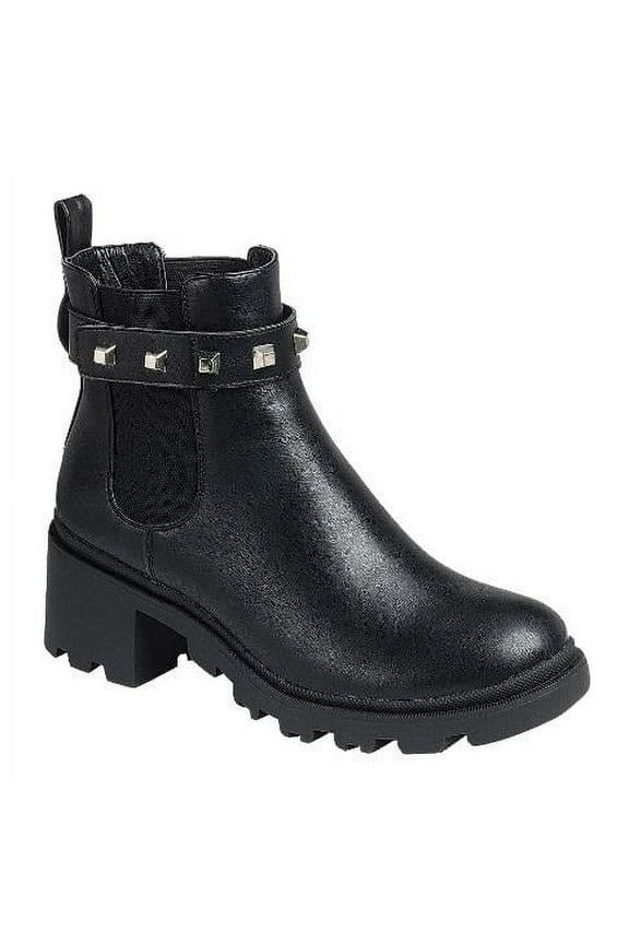 Chunky Heel Lug Sole Double Pocket Moto Chic Platform Combat Boot Amulet Lace Up Bootie (8, Black-02)