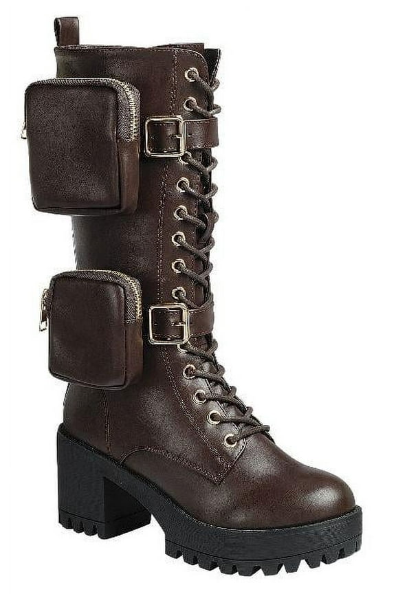 Chunky Heel Lug Sole Double Pocket Moto Chic Platform Combat Boot Amulet Lace Up Bootie