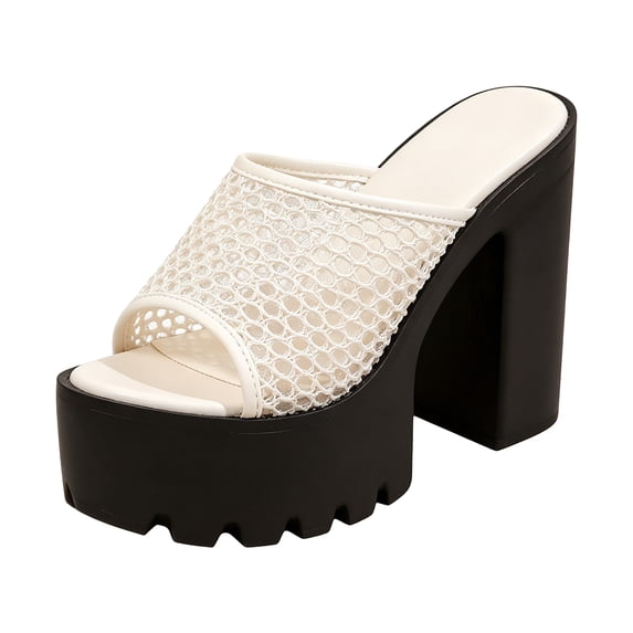 Chunky Heel Sandals for Women Leather Footbed Platform High Block Heels Slip on Dress Slides for Ladies Summer Dressy Beige-6.5