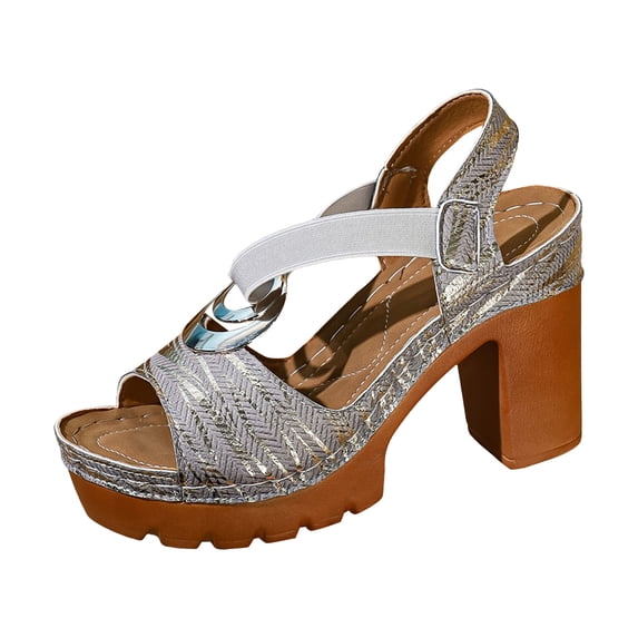 Chunky Heel Sandals for Women Leather Footbed Platform High Block Heels Slip on Dress Slides for Ladies Summer Dressy Grey-8.5