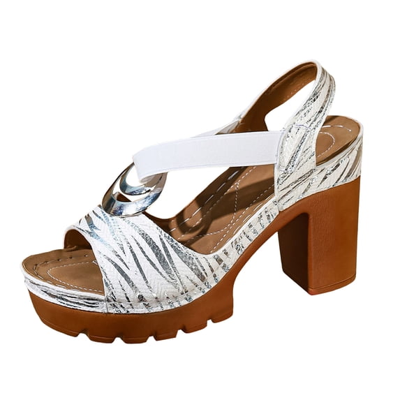 Chunky Heel Sandals for Women Leather Footbed Platform High Block Heels Slip on Dress Slides for Ladies Summer Dressy White-7.5