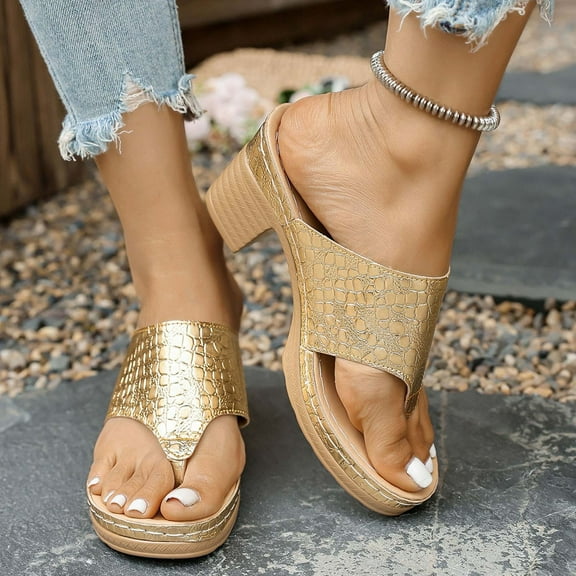 Chunky Heel Womens Sandals Summer Fashion Wedge Soled Peep Toe Sandals Women Dressy Casual Solid Color Shiny Sandals Gold Women Sandal