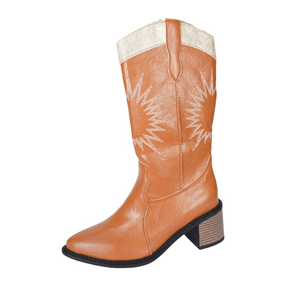 Chunky Heeled Leather Cowboy Boots for Women Wide Calf Western Cowgirl Pointed Toe Vintage Embroidery Mid Calf Riding Boots Brown Size 6.5