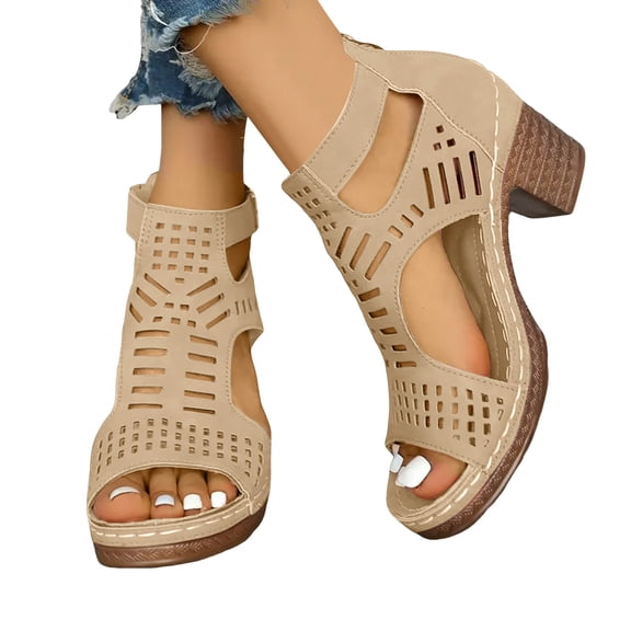 Chunky Heeled Sandals for Womens Bohemian Cutout Open Toe Summer Block Heeled Comdortable Non Slip Dress Shoes Beige Size 7.5