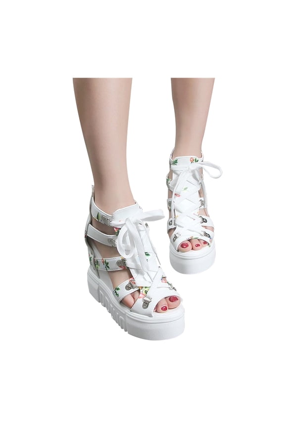 Chunky Heels Platform Sandals Women Fashion Lacing Up Gothic Flatform Slides Shoes, Ladies Elegant Dressy Shoes