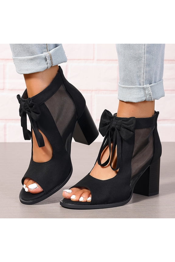 Chunky Heels Womens Chunky High Heel Sandals Ankle Strap Open Toe Dress Shoes Cut Out Mesh Bows Strappy Sandals High Block Heels Peep Toe Summer Ankle Boots Fish Mouth Fashion Breathable Dressy