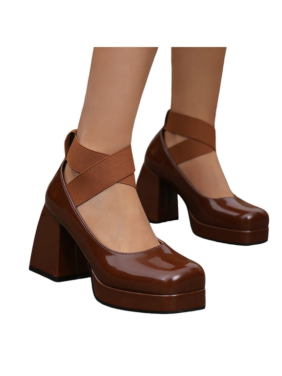Chunky Heels for Women Closed Square Toe Pumps Platform High Heeled Solid Elastic Strap Wedding Party Mary Jane Dress Shoes Brown Size 7
