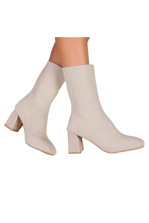 Chunky High Heel Sock Boots Formal Evening Dinner, Elastic Ribbed Knit Booties Daily Office Commuting, Comfortable Pointed Toe Footwear City Street Walking, Elegant Slip On Shoes, Beige 6