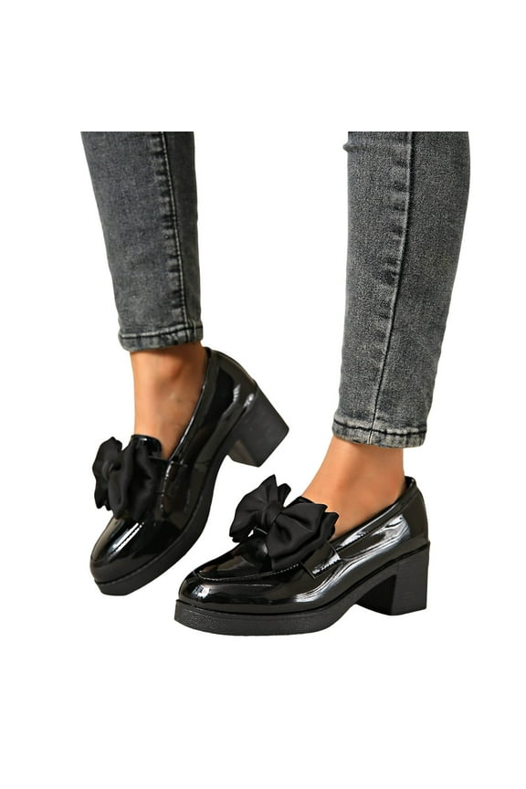 Chunky High Heels Penny Loafers for Women Trendy Leather Bow Buckle Autumn Slip on Oxfords Dress Shoes