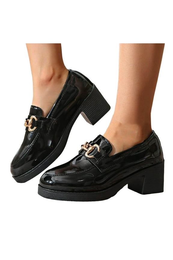 Chunky High Heels Penny Loafers for Women Trendy Leather Bow Buckle Autumn Slip on Oxfords Dress Shoes