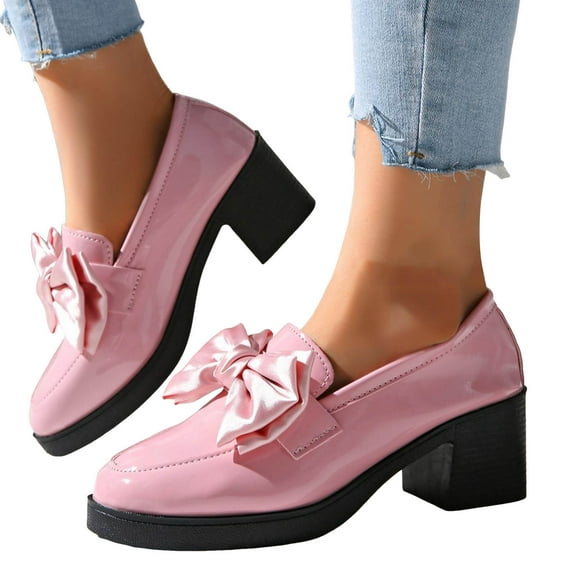 Chunky High Heels Penny Loafers for Women Trendy Leather Bow Buckle Autumn Slip on Oxfords Dress Shoes