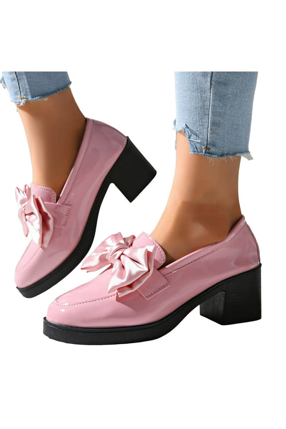Chunky High Heels Penny Loafers for Women Trendy Leather Bow Buckle Autumn Slip on Oxfords Dress Shoes