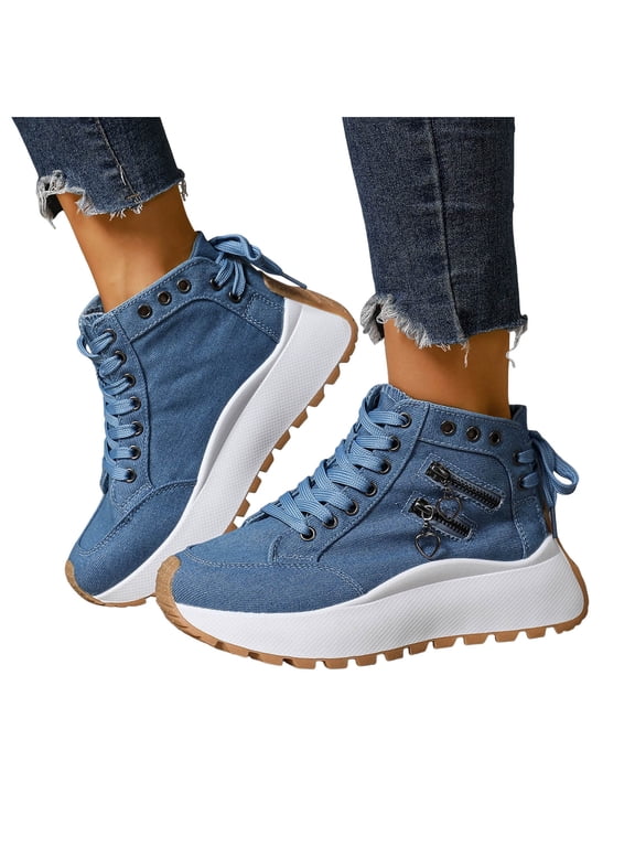 Chunky High Top Fashion Sneakers for Women Fashion Punk Studded Platform Denim Canvas Casual Walking Shoes