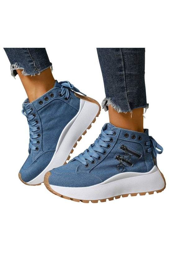 Chunky High Top Fashion Sneakers for Women Fashion Punk Studded Platform Denim Canvas Casual Walking Shoes