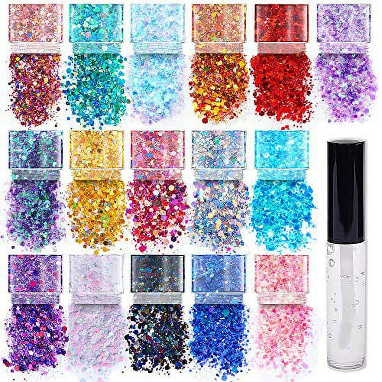 Holographic Chunky Glitter Sequins 16 Colors Mixed Cosmetic Glitter for  Face Body Eye Hair Nail Art Lip Gloss, Festival Glitter Makeup with  Different Hexagons Size and Stars Holographic Glitter