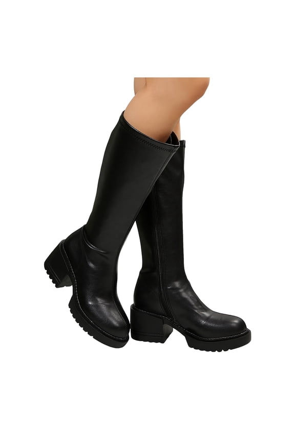 Chunky Knee High Boots for Women Fashion Casual Round Toe Mid Heel Winter Fall Knee Length Long Tall Boots Black Size 7