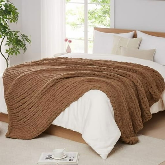 Chunky Knit Blanket - Soft Chenille Yarn Throw - 60x80: Handmade Thick Cable Knit Crochet Blanket for Couch, Sofa, Bed & Home Decor