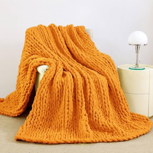 Chunky Knit Blanket Throw, 100% Hand Knit Chenille Throw Blanket for Sofa & Home Decor, Soft and Cozy Knitted Throw Blankets (Orange, 51"x63")