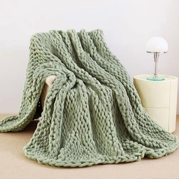 Chunky Knit Blanket Throw, 100% Hand Knit Chenille Throw Blanket for Sofa & Home Decor, Soft and Cozy Knitted Throw Blankets (Sage Green,40"x50")