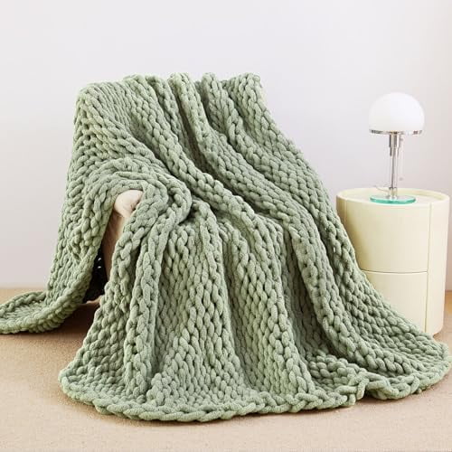 Chunky Knit Blanket Throw, 100% Hand Knit Chenille Throw Blanket for Sofa & Home Decor, Soft and Cozy Knitted Throw Blankets (Sage Green,40"x50")