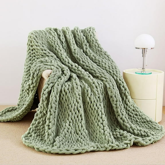 Chunky Knit Blanket Throw, 100% Hand Knit Chenille Throw Blanket for Sofa & Home Decor, Soft and Cozy Knitted Throw Blankets (Sage Green,40"x50")
