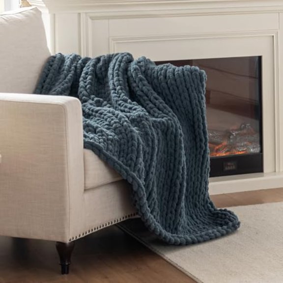 Chunky Knit Blanket Throw 100 Hand Knit Throw Blanket Handmade Chenille Cable Knit Throw for Couch Stylish Cozy Soft Rope Knot Crochet Blanket for Home Decor Blue Mirage 50x60 Inches