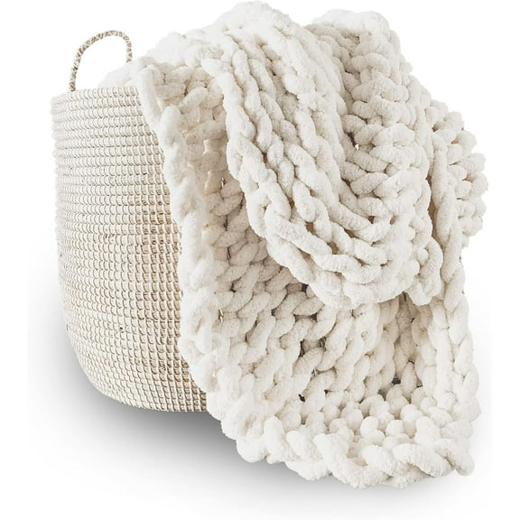 Chunky Knit Blanket Throw | 100% Hand Knit with Jumbo Chenille Yarn (50"x60", Cream White)